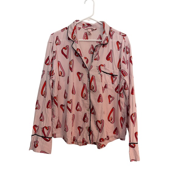 Victoria's Secret Other - Victorias Secret Pink Heart Print Pajama Set Cotton Viscose Long Sleeve Pants M